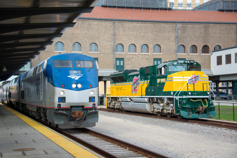 Amtrak train pulling in to Union Depot's train platform