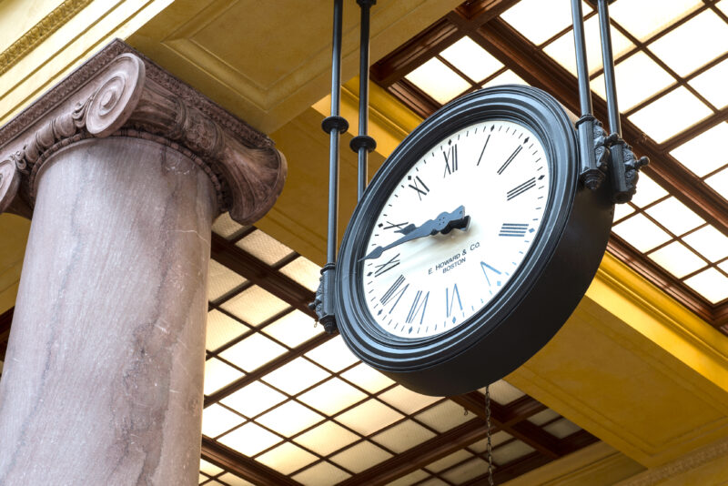 Clock hanging in Union Depot's Head House