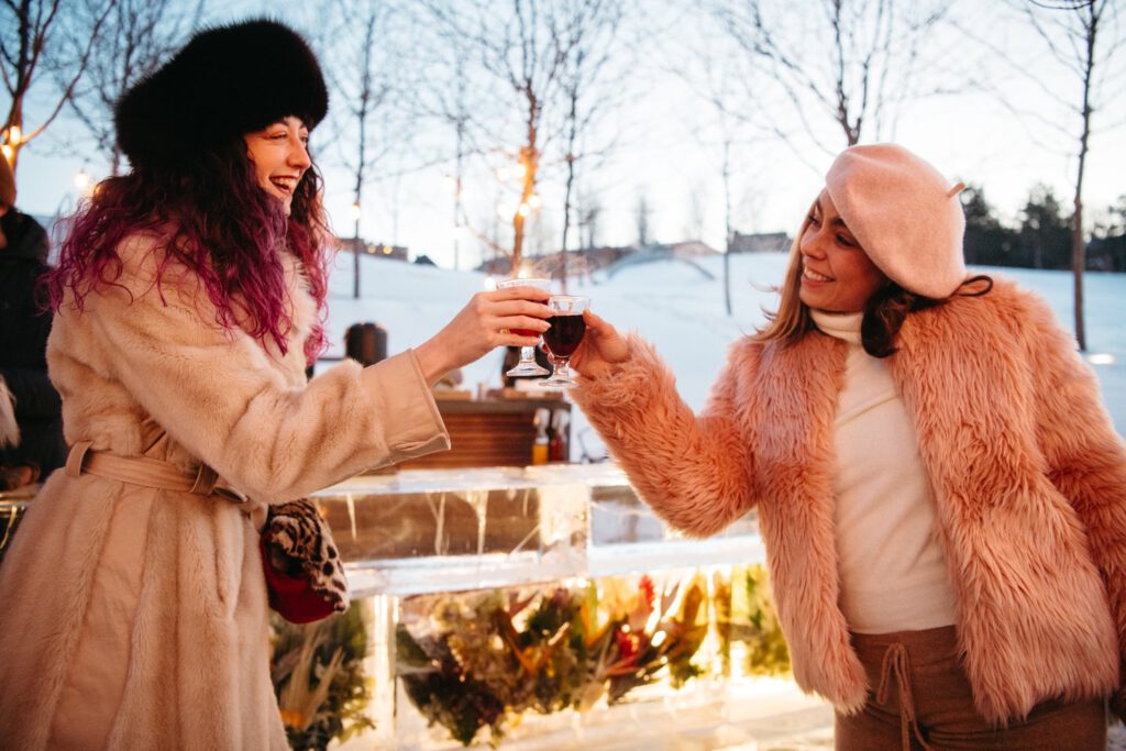 people cheersing at an ice bar